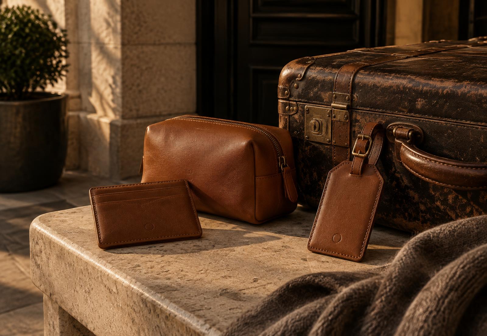 Leather travel goods beside a worn suitcase