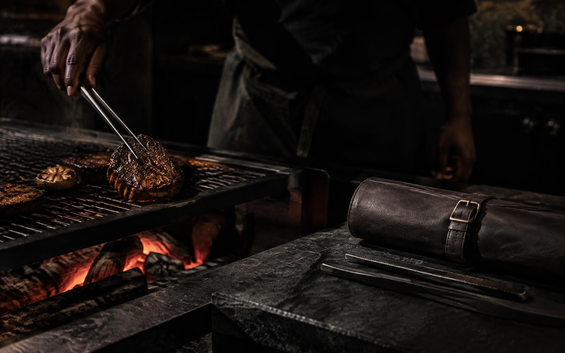 Hands closing a leather roll beside the fire