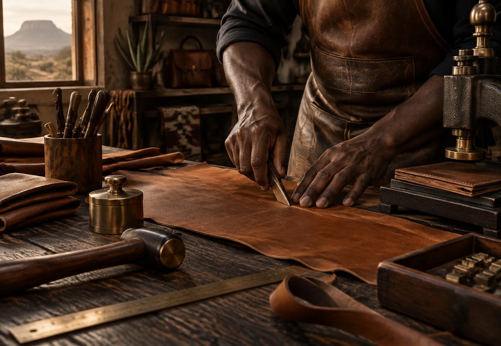 Hands cutting leather in a South African workshop